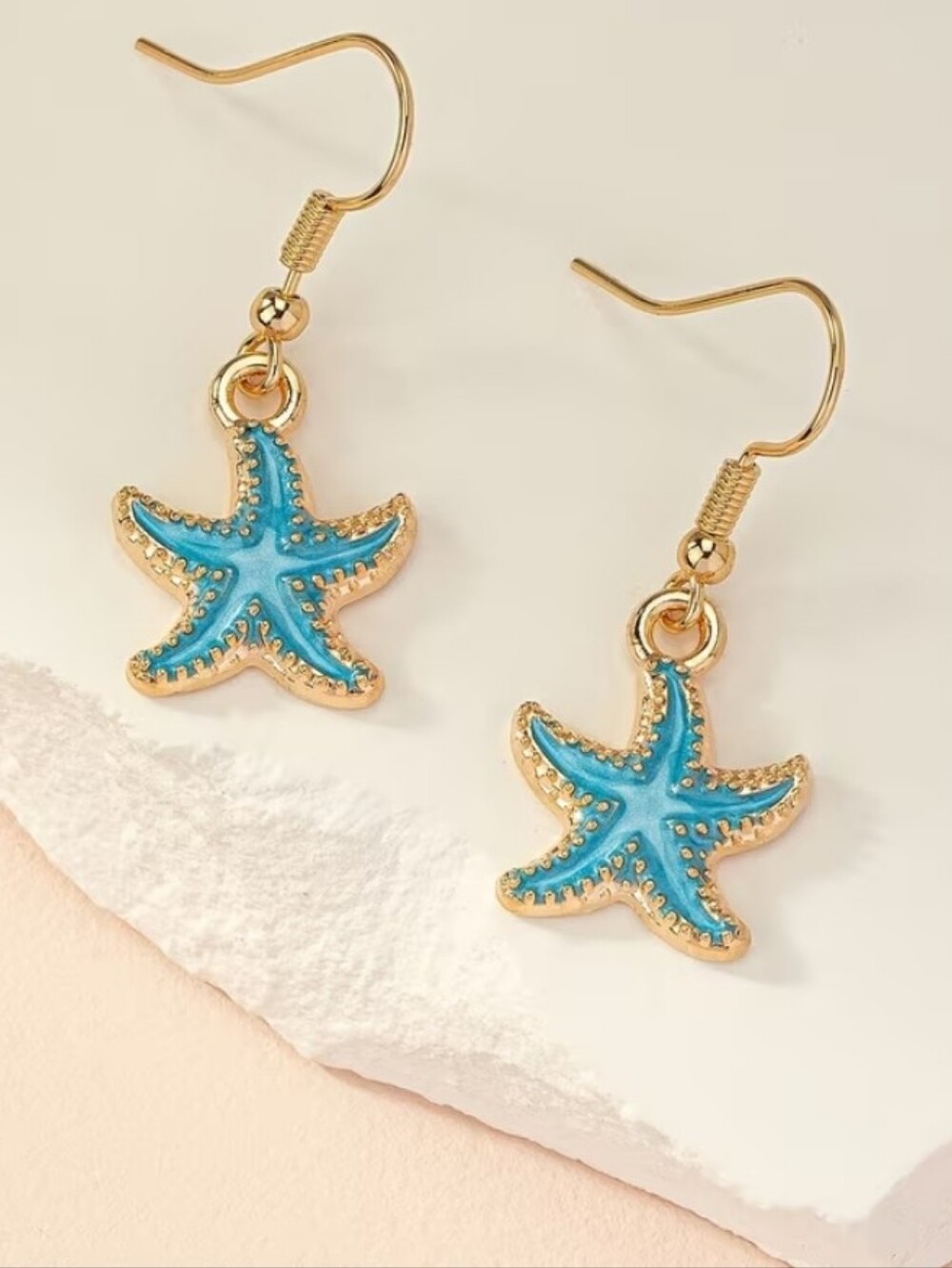 Gold Tone Starfish Drop Earrings with Turquoise Enamel